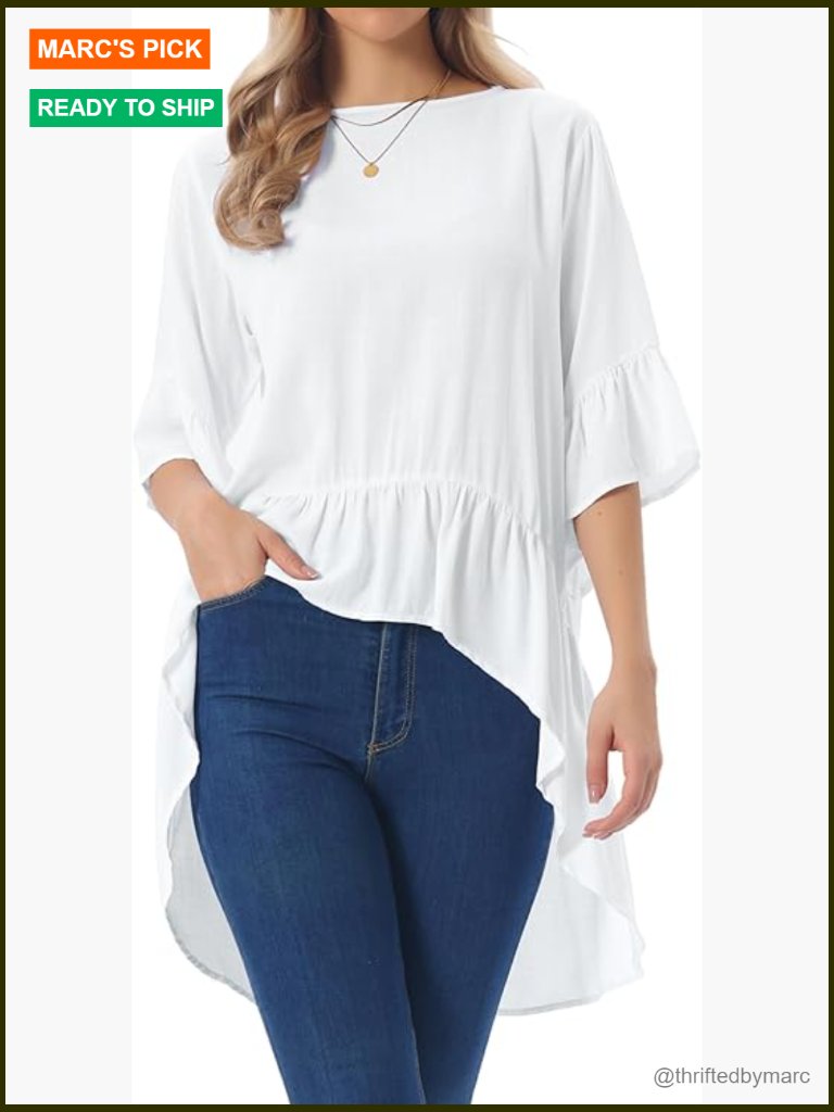 Women's 3/4 Bell Sleeve High Low Ruffle Blouse Tunic Top